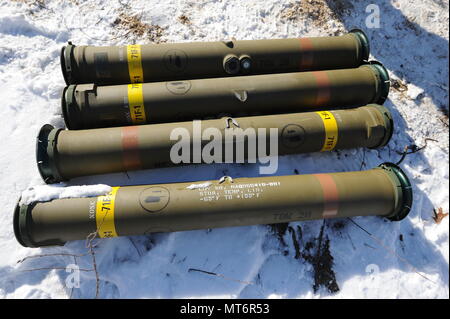 Several spent anti-tank TOW missile casings are seen  at Fort McCoy, Wis., on March 14, 2016. The  BGM-71 TOW is a Tube-launched, Optically tracked, Wire-guided  anti-tank missile currently manufactured by Raytheon.  Photo by Jamal Wilson Stock Photo