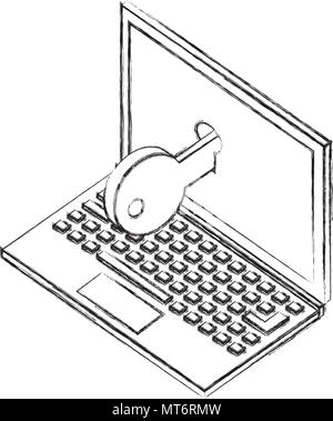 laptop cyber security key isometric vector illustration sketch Stock Vector