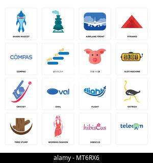Set Of 16 simple editable icons such as, hibiscus, womens fashion, tree stump, ostrich, shark mascot, compas, cricket, pig face can be used for mobile Stock Vector