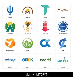 Set Of 16 simple editable icons such as missile, cacti, book, embryo, cent, trident, campsite, humming bird, 20% off can be used for mobile, web UI Stock Vector