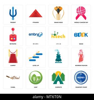 Set Of 16 simple editable icons such as passport stamp, campsite, leaf, chisel, womens fashion, trident, retropie, carpet, hitech can be used for mobi Stock Vector