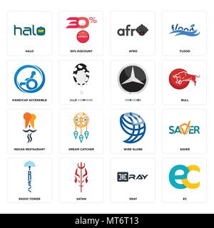 Set Of 16 simple editable icons such as ec, xray, satan, radio tower, saver, halo, handicap accessible, indian restaurant, mercedes can be used for mo Stock Vector