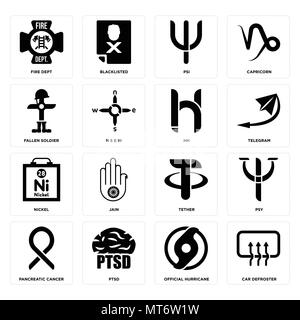 Set Of 16 simple editable icons such as car defroster, official hurricane, ptsd, pancreatic cancer, psy, fire dept, fallen soldier, nickel, hh can be  Stock Vector