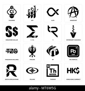 Set Of 16 simple editable icons such as hong kong currency, thorium, polaris, south african rand, pb chemical, chlorine, singapore dollar, tanzanian s Stock Vector