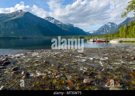 Lake McDonald - A spring evening view of Lake McDonald at outlet of Snyder Creek. Glacier National Park, Montana, USA. Stock Photo