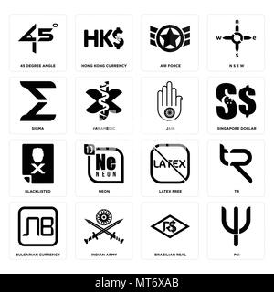 Set Of 16 simple editable icons such as psi, brazilian real, indian army, bulgarian currency, tr, 45 degree angle, sigma, blacklisted, jain can be use Stock Vector