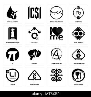 Set Of 16 simple editable icons such as food grade, , carcinogen, lithium, choking hazard, hypoallergenic, women's restroom, pi, can be used for mobil Stock Vector