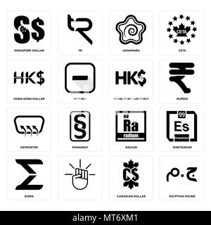 Set Of 16 simple editable icons such as egyptian pound, canadian dollar, , sigma, einsteinium, singapore hong kong defroster, currency can be used for Stock Vector