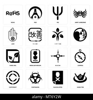Set Of 16 simple editable icons such as hang ten, blacklisted, contagion, copyright, compas, rohs, jain, pure veg, dietitian can be used for mobile, w Stock Vector