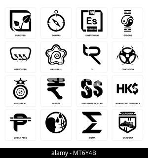 Set Of 16 simple editable icons such as cardona, sigma, , cuban peso, hong kong currency, pure veg, defroster, oligarchy, tr can be used for mobile, w Stock Vector