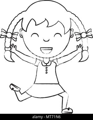 sketch of Cartoon happy girl with braids over white background, vector illustration Stock Vector