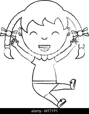 sketch of Cartoon happy girl with braids over white background, vector illustration Stock Vector