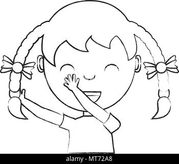 sketch of Cartoon happy girl with braids over white background, vector illustration Stock Vector