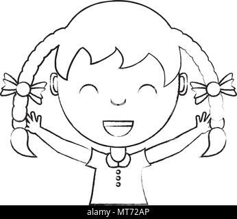 sketch of Cartoon happy girl with braids over white background, vector illustration Stock Vector