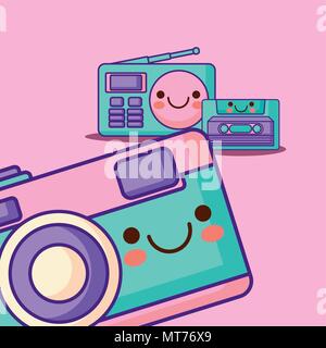 kawaii photographic camera and related icons over pink background, vector illustration Stock Vector