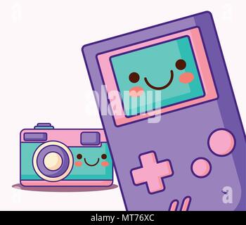 kawaii portable videogame and camera over white background, colorful design. vector illustration Stock Vector