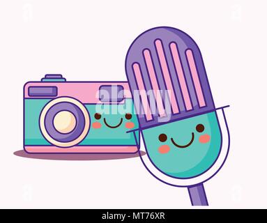 kawaii microphone and camera over white background, colorful design. vector illustration Stock Vector