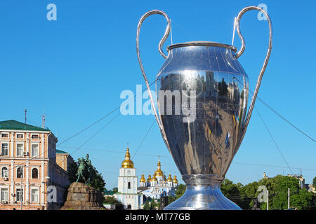 KYIV, UKRAINE - MAY 26, 2018:  Big copy of UEFA Champions League Cup on Sophia square in Kyiv Stock Photo