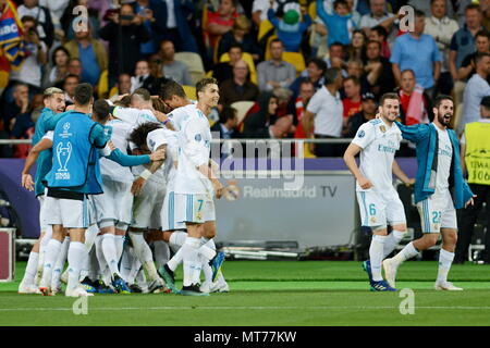 KYIV, UKRAINE - MAY 26, 2018: Real Madrid's players celebrate goal during the Champions League Final soccer match between Real Madrid and Liverpool at the NSC Olympic Stadium (Photo by Alexandr Gusev / Pacific Press) Stock Photo