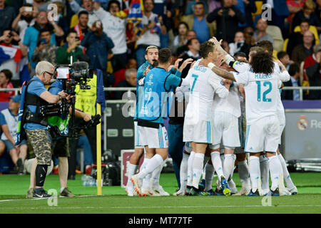 Kyiv, Ukraine. 26th May, 2018. Real Madrid's players celebrate goal during the Champions League Final soccer match between Real Madrid and Liverpool at the NSC Olympic Stadium Credit: Alexandr Gusev/Pacific Press/Alamy Live News Stock Photo
