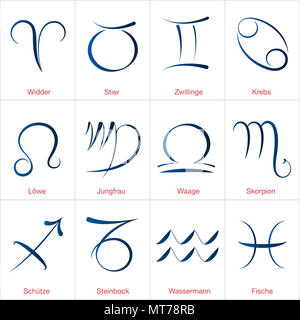 Twelve signs of the zodiac, german names. Astrology signs, calligraphic illustrations of the twelve zodiac signs. Stock Photo