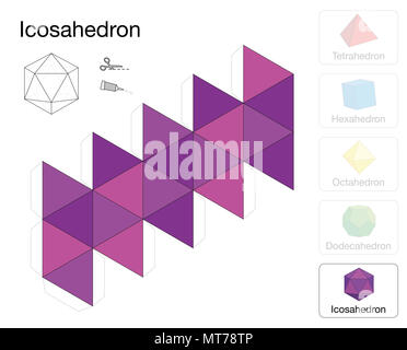 Icosahedron platonic solid template. Paper model of a icosahedron, one of five platonic solids, to make a three-dimensional handicraft work. Stock Photo