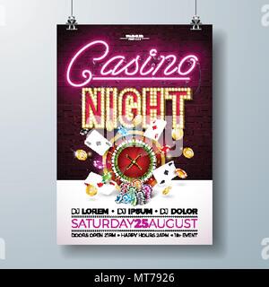 Vector Casino night flyer illustration with gambling design elements and shiny neon light lettering on brick wall background. Lighting signboard, roulette wheel, playing chips, gold coin and poker card. Luxury invitation poster template. Stock Vector