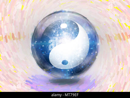 Yin Yang symbol is contained inside of glass sphere. 3D rendering Stock Photo