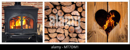 Wood burning stove and logs photocollage