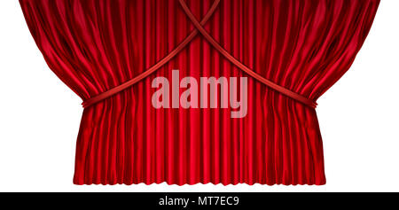 Curtain design element as cinema or theatre drapes with red velvet material opened on two sides for a presentation or announcement isolated. Stock Photo