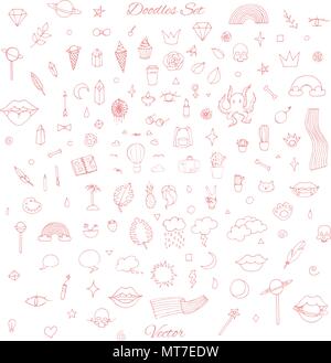 Hand drawn vector set of random doodles with rainbows, lips, planets, skulls and more. Abstract line art in  sketchy style on the white background. Stock Vector