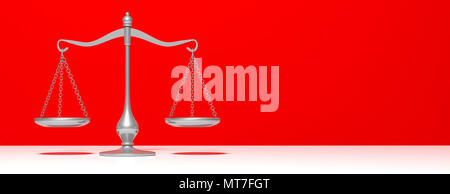 Law or weight measurement concept. Scales balance on red wall background, copy space, banner. 3d illustration Stock Photo