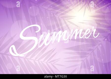 Summer cover. Advertising web banner. Glares bokeh. Silhouette of a palm tree leaf. Sun rays. Purple sunrise. Vector illustration. EPS 10 Stock Vector