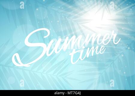 Summer time cover. Advertising web banner. Glares bokeh. Silhouette of a palm tree leaf. Sun rays. Sunrise. Vector illustration. EPS 10 Stock Vector