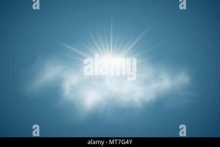 Realistic sun with clouds. Sunlight. Sun rays. Transparent clouds. Vector illustration. Summer time. Vector illustration EPS 10 Stock Vector