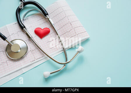Medical concept: stethoscope, red heart and paper cardiogram are on a blue background with copy-space Stock Photo