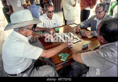 An elderly man smoking a Cuban cigar slaps down his plastic tile on a wooden table during a noisy game of dominoes played in Domino Park in Little Havana, the colorful neighborhood of Hispanic culture in Miami, Florida, USA. Located at the corner of SW 8th Street (Calle Ocho) and 15th Avenue, this outdoor social center is officially named Maximo Gomez Park and has become a landmark that daily draws dozens of older players as well as hundreds of tourists. Historical photo. Stock Photo