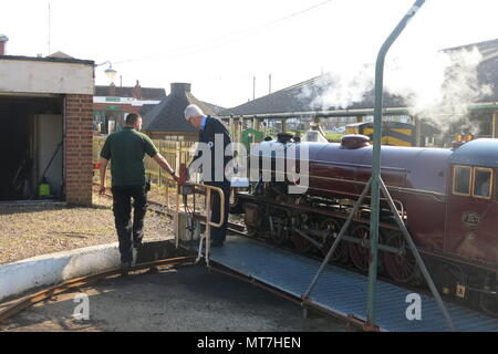 The steam locomotive Hercules on the turntable at New Romney station; Romney, Hythe & Dymchurch steam railway, Kent Stock Photo