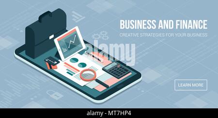 Business and finance management app for enterprises, business equipment and icons on a smartphone Stock Vector