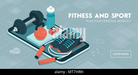 Fitness, training and workout app: sports equipment and icons on a touch screen smartphone Stock Vector