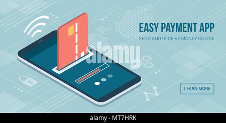 Safe and easy e-payments on smartphone using financial apps: the payment is being processed using a credit card Stock Vector