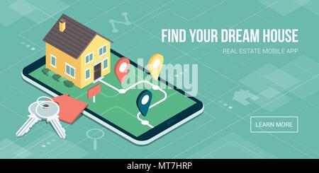 Find your dream home: model house on a map, house keys and icons, real estate mobile app Stock Vector