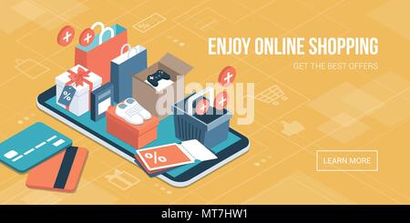 Online shopping app: gifts, shopping items, credit cards and discount coupons on a smartphone Stock Vector