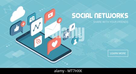 Social media apps on a smartphone: online sharing, messaging and marketing on social networks concept Stock Vector