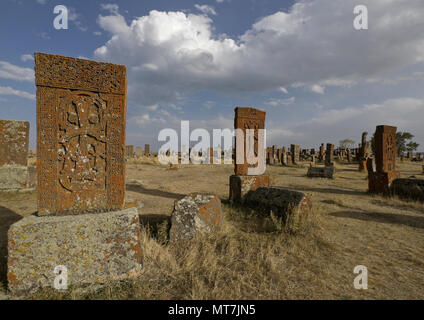 Lichen- and moss-encrusted khachkars (khatchkars, or cross-stones) at Noratus (Noraduz) Cemetery, Noratus (Noraduz), Armenia Stock Photo