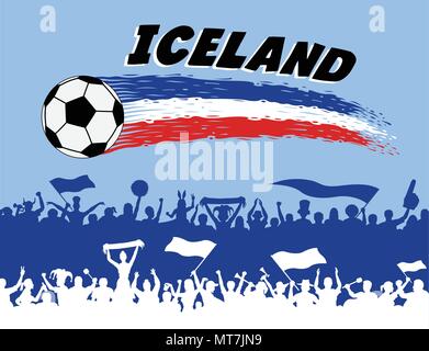 Iceland flag colors with soccer ball and Icelander supporters silhouettes. All the objects, brush strokes and silhouettes are in different layers and  Stock Vector
