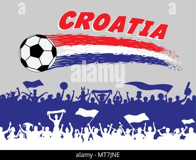 Croatia flag colors with soccer ball and Croatian supporters silhouettes. All the objects, brush strokes and silhouettes are in different layers and t Stock Vector