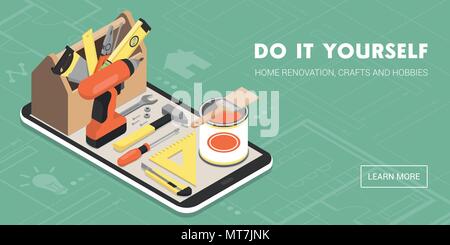 Do it yourself and home renovation app: toolbox and tools on a smartphone with icons Stock Vector