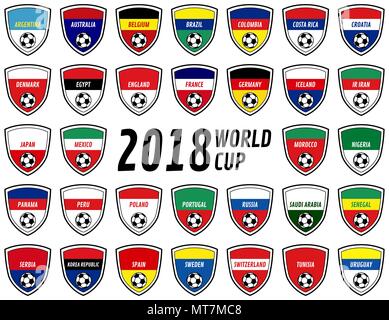 2018 World Cup Russia team badges depicting the colors of the participating countries of qualified teams Stock Vector