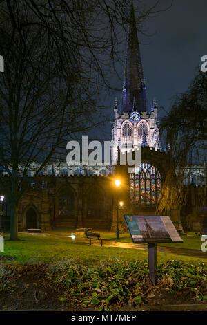 Rotherham Minster (All Saints Church of England) at night with long exposure; View of Rotherham town centre, South Yorkshire, England Stock Photo